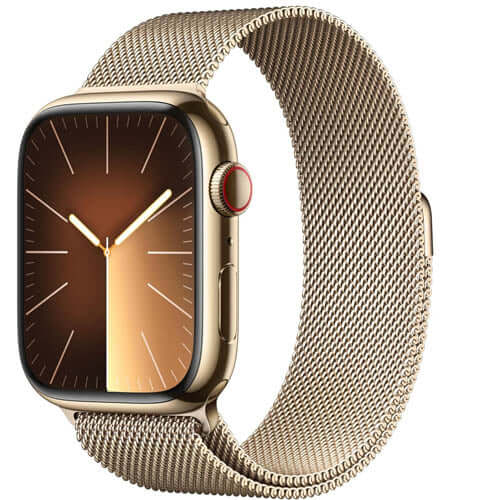 Apple Watch Series 9 [GPS + Cellular 45mm] Smartwatch with Gold Stainless steel Case with Gold Milanese Loop One Size. Fitness Tracker, Blood Oxygen & ECG Apps, Water Resistant